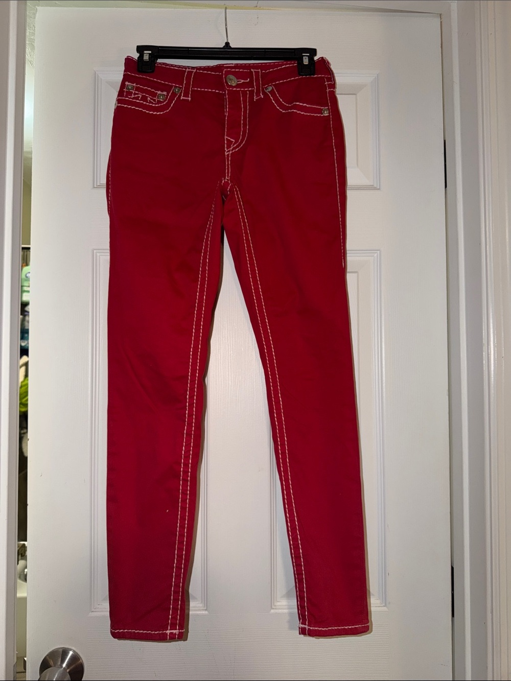 True Religion Red Skinny Jeans with Contrast Stitching